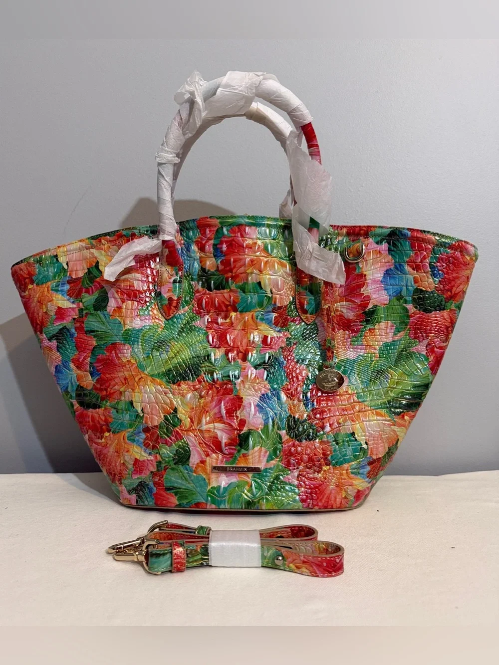 Brahmin Mira Taffy Melbourne Tote Bag Floral Leather Dust Bag NWT